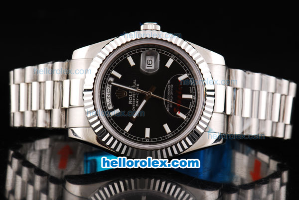 Rolex Day Date II Oyster Perpetual Automatic Movement Silver Case with Black Dial and White Stick Markers - Click Image to Close